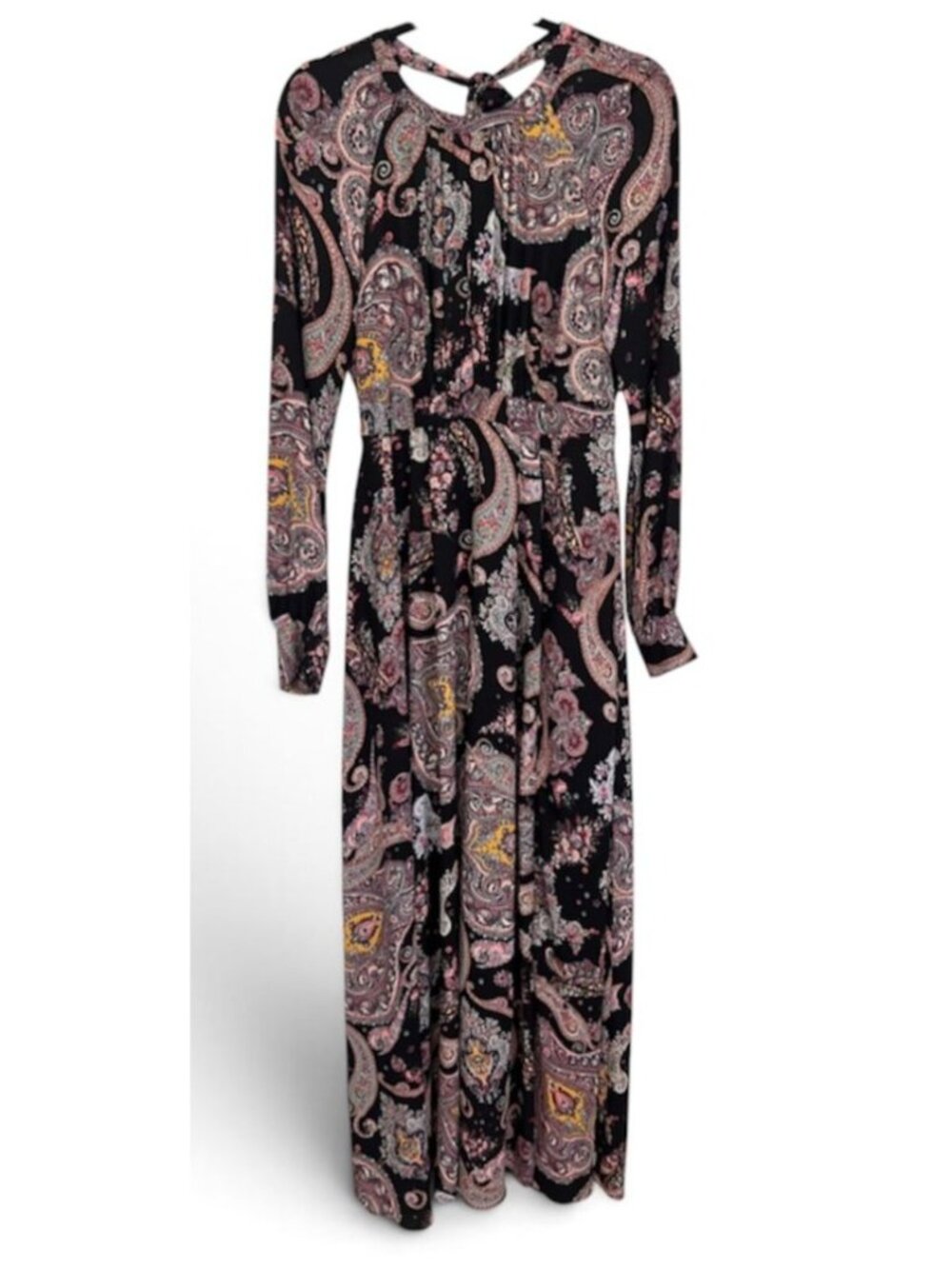 Express Womens 8 Colorful Artsy Paisley Long Sleeve Plunge Tie Neck  Maxi Dress